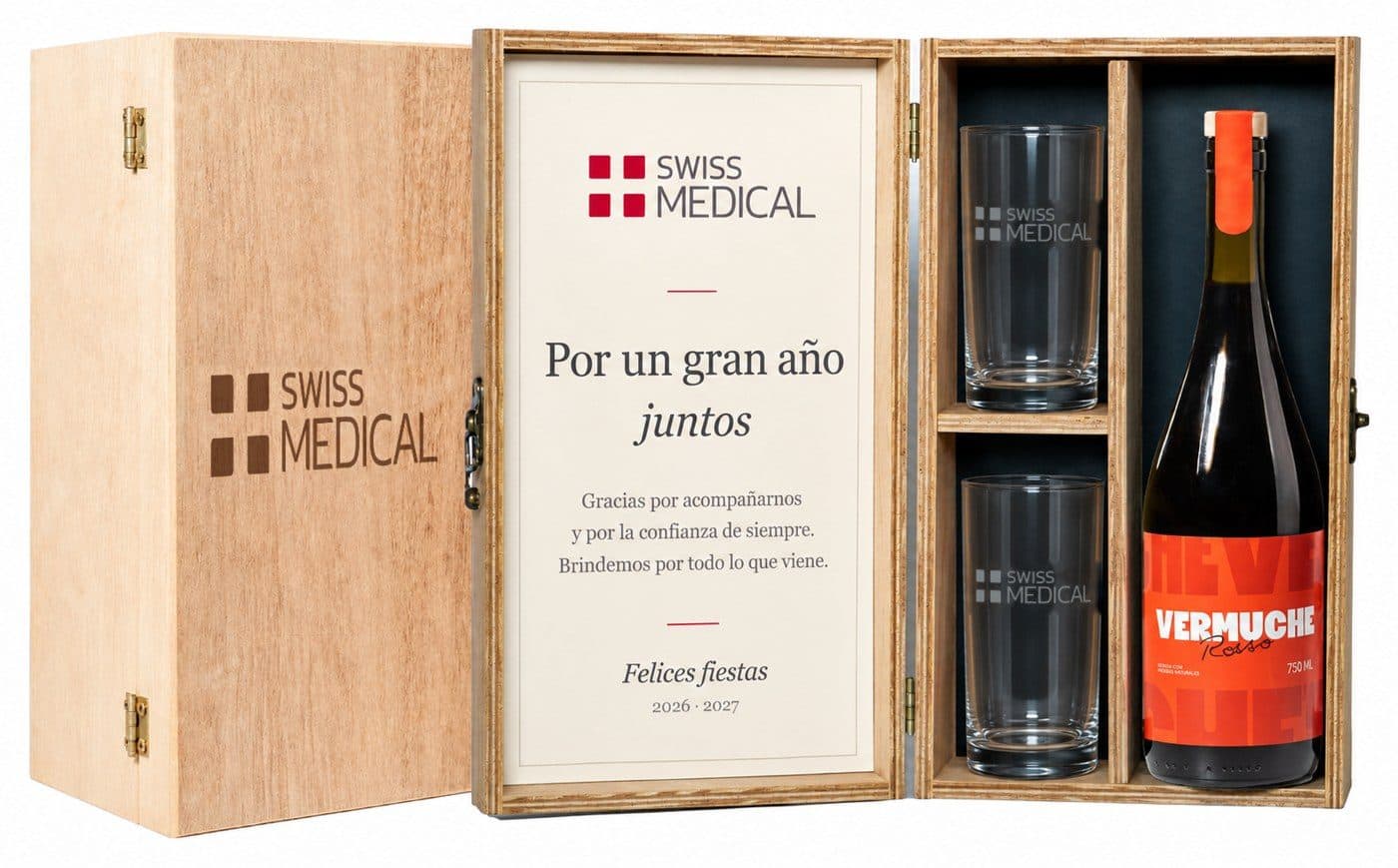 Box aperitivo con vermut Vermuche y vasos grabados — caja corporativa personalizada para Swiss Medical Seguros