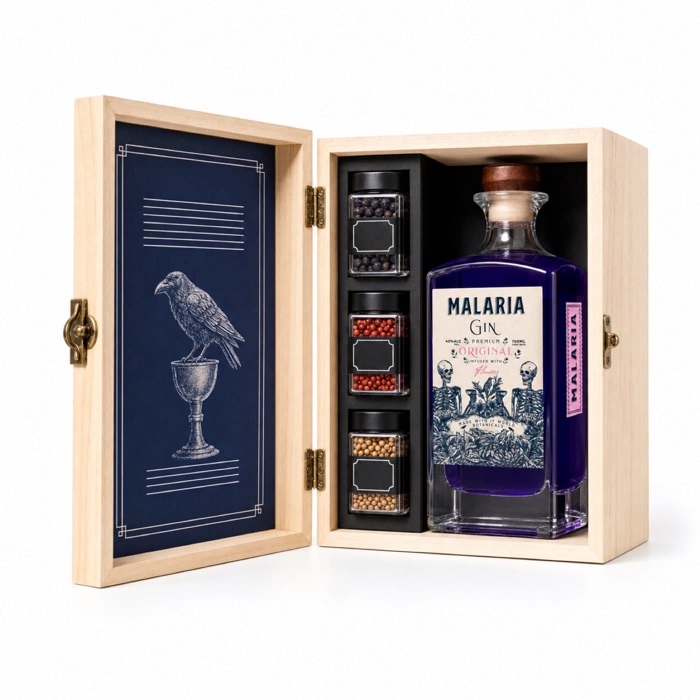 Estuche de madera para gin con bandeja y frascos de botánicos — caja corporativa personalizada para Malaria Gin
