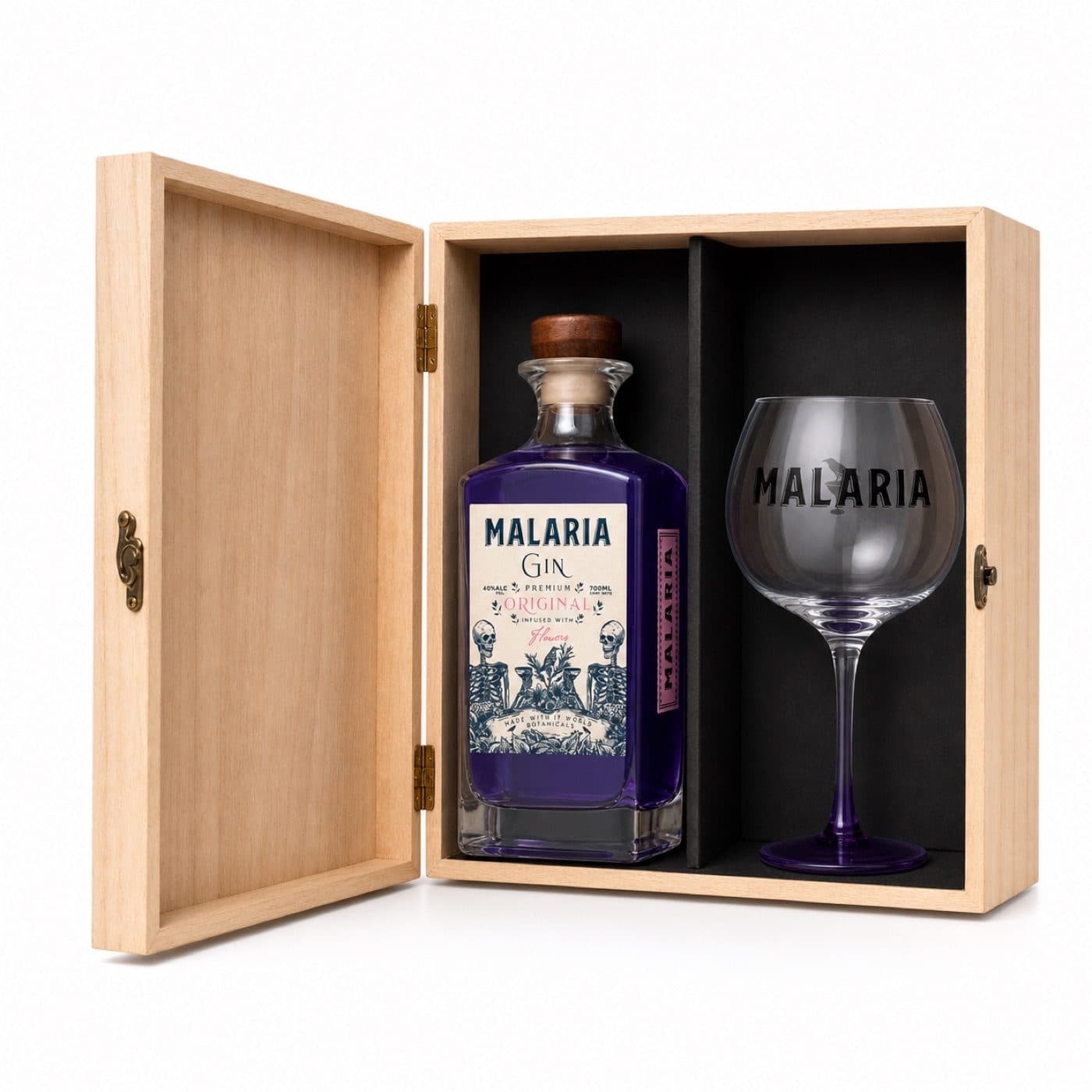 Estuche de madera para gin: botella y copón o dos botellas — caja corporativa personalizada para Malaria Gin