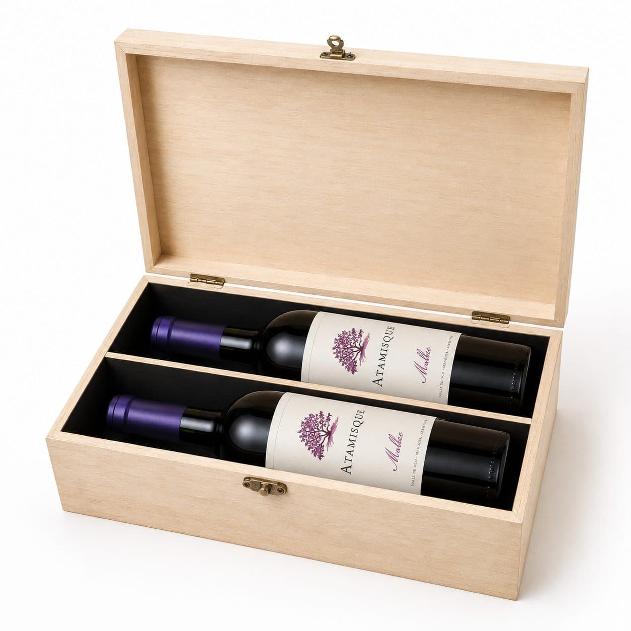 Estuche de madera para dos botellas de vino con logo — caja corporativa personalizada para Bodega Atamisque