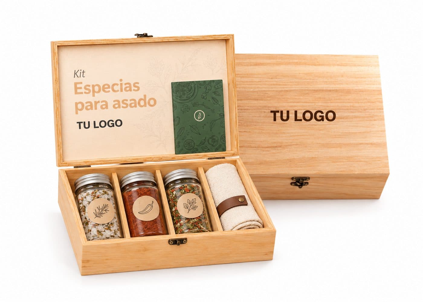 Kit de especias para asado en caja de madera con logo — caja corporativa personalizada con logo grabado a láser